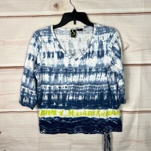 Sportelle Top Womens Large Blue Tie Dye T-Shirt V-Neck Tie Waist Cotton Modal